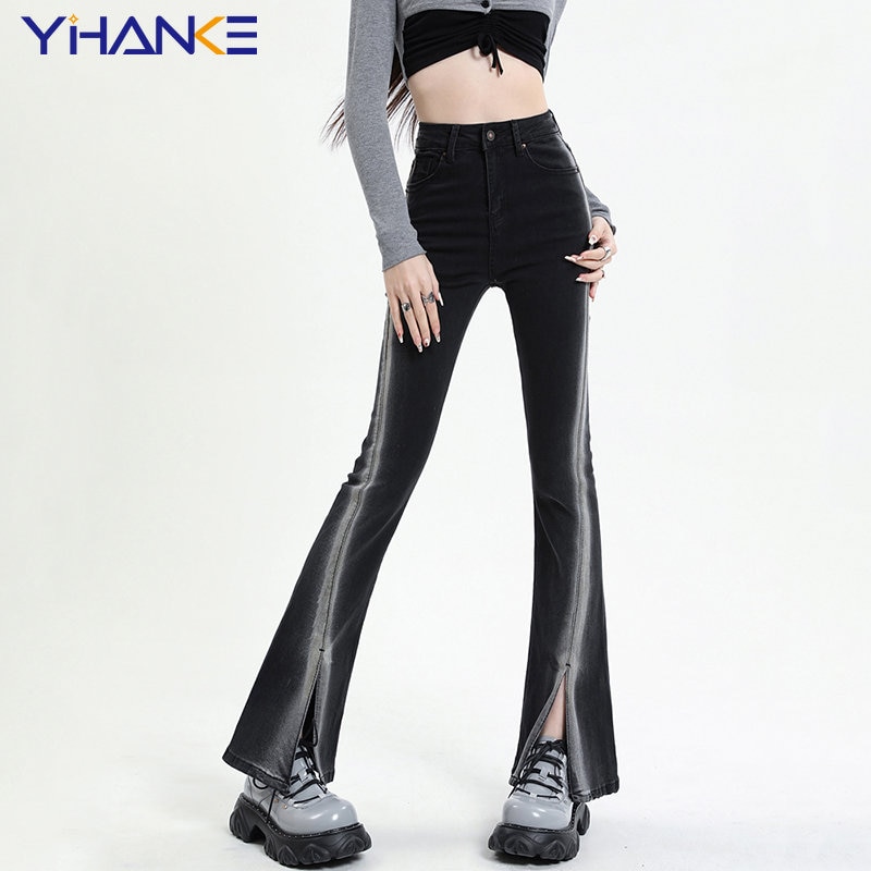 New Tie Dyed Black Grey Flare Jeans Women Chic Casual Streetwear High Waist Wide Leg Baggy Straight Trousers Y2k Mom